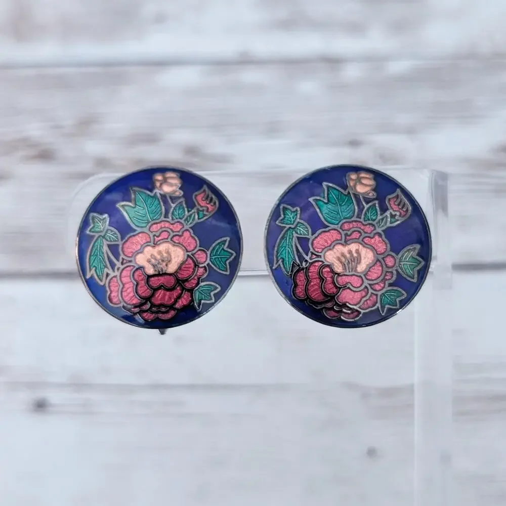 Vintage Clip On Earrings Stunning Blue with Red Flower Statement
